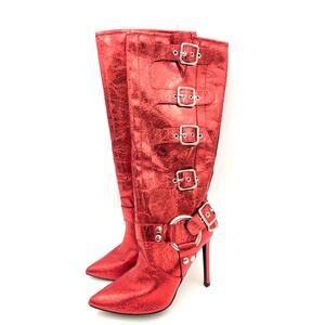 Wild Diva Lounge Shaya Buckle Heel Boot Pointed Toe Women's Red Size US7.5 EU38